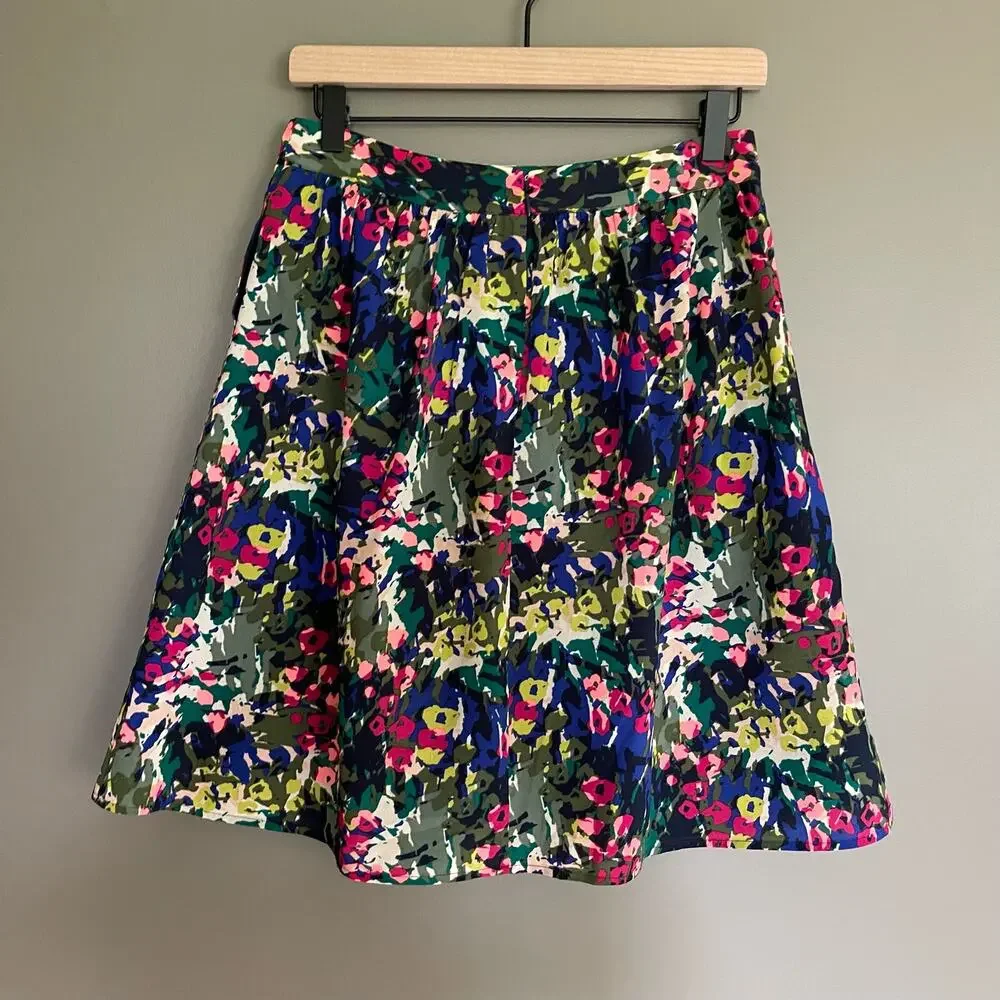 J Crew Floral Skirt A-Line Size 2 Flowy Chiffon Blue Pink Green White Colorful‎